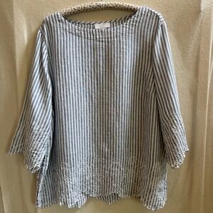 Women Charter Club Luxury Linen Top, 2XL, Blue White Stripes, Embroidered, Beach